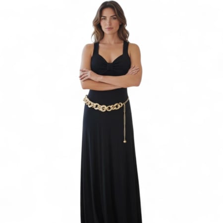 Rochii bumbac - Rochie Lunga Neagra din Bumbac cu Bretele Stransa La Piept