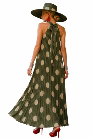 Rochie lunga plisata cu decupaj pe spate  verde kaki si buline crem [1]