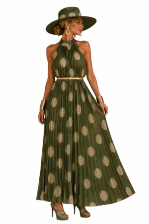 Rochie lunga plisata cu decupaj pe spate  verde kaki si buline crem [2]