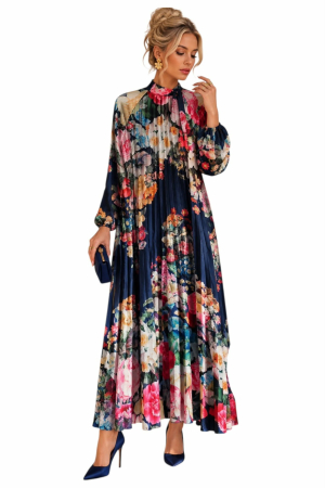 Rochii satin - Rochie lunga plisata din satin cu imprimeu floral