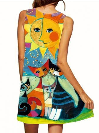 Rochie Mini Fara Maneci cu Imprimeu Pisici Colorate [2]