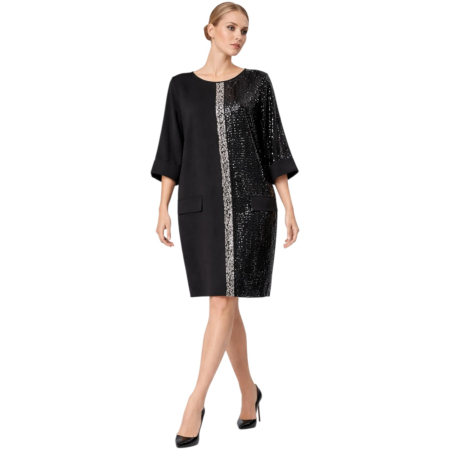 Rochii bumbac - Rochie neagra bumbac si paiete cu cadere lejera si buzunare