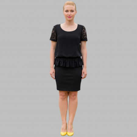 Rochii lycra & poliester & voal - Rochie Neagra cu Dantela la Maneci si In Talie
