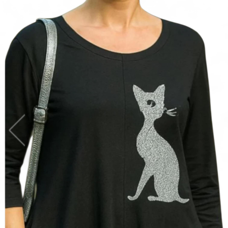 Rochie neagra din bumbac asimetrica cu pisica argintie cu sclipici argintiu [2]