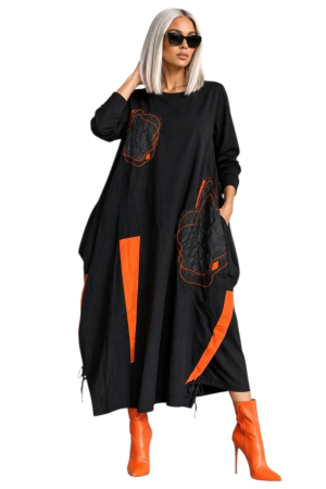 Rochii bumbac - Rochie neagra  din bumbac cu aplicatii albe si buzunare laterale