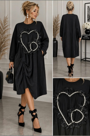 Rochie neagra  din bumbac  cu aplicatii perle si tulle [2]