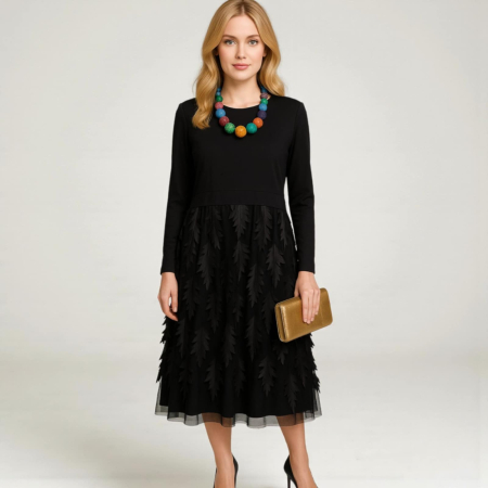 Rochii sezon cald - Rochie Neagra din Bumbac si Tulle cu Insertii in Forma de Frunze
