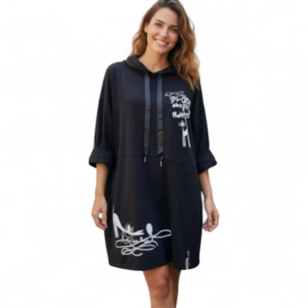 Rochii pisici toamna /iarna - Rochie neagra din bumbac tip hanorac cu imprimeu alb pisici