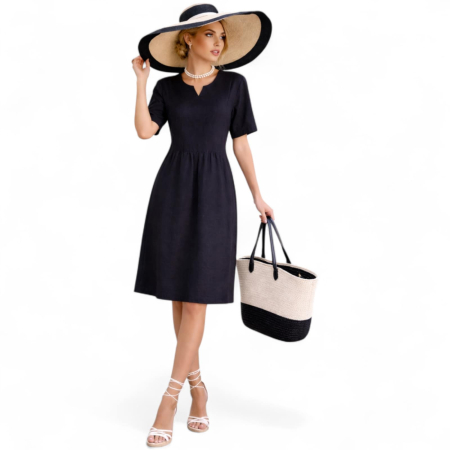 Imbracaminte - Rochie Neagra din In cu Volane si Croi Larg cu Buzunare