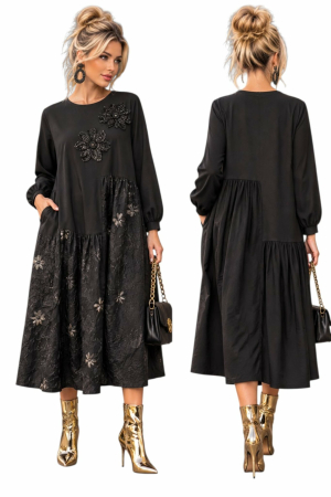 Rochie neagra din vascoza cu fir lame si aplicatii paiete [2]
