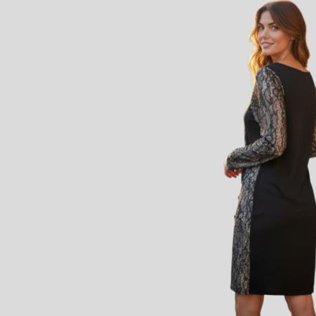 Rochie neagra eleganta din bumbac cu maneca din dantela pe satin [2]