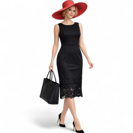 Rochii lycra & poliester & voal - Rochie office neagra  bordura dantela la poale fara maneci