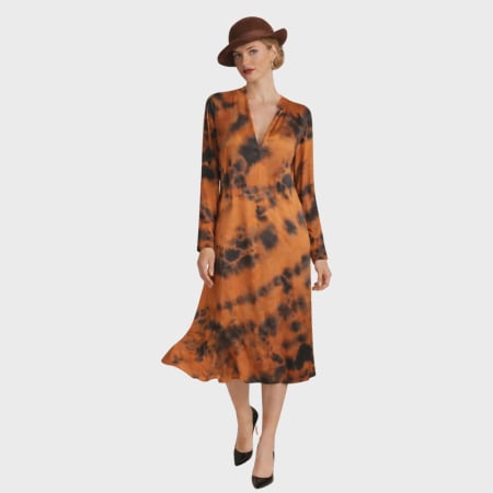 Imbracaminte - Rochie pe Fond Maro cu Imprimeu Negru