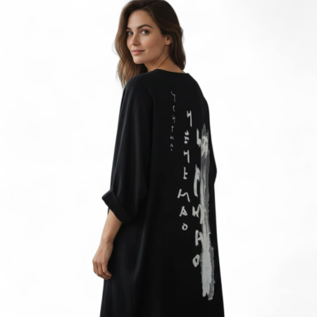 Rochie pe fond negru cu aplicatie tulle si imprimeu alb [2]