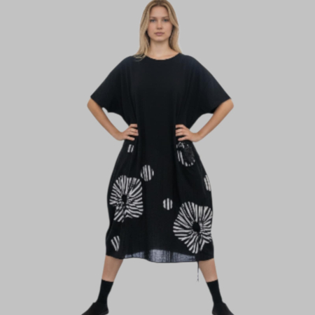 Rochii bumbac - Rochie pe Fond Negru din Bumbac tip Gogosar cu Insertii Alb si Negru