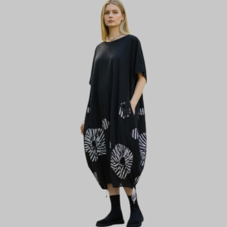 Rochie pe Fond Negru din Bumbac tip Gogosar cu Insertii Alb si Negru [1]