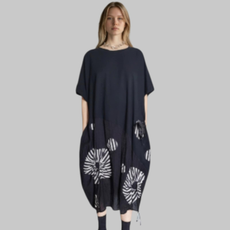 Rochie pe Fond Negru din Bumbac tip Gogosar cu Insertii Alb si Negru [2]