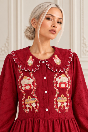Rochie spectaculoasa rosu-visiniu  brodata cu dantela si buzunare laterale [2]