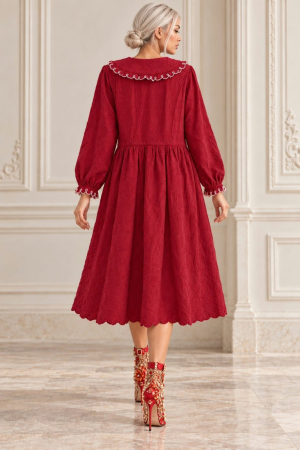 Rochie spectaculoasa rosu-visiniu  brodata cu dantela si buzunare laterale [1]