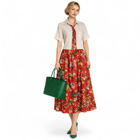 Rochii vascoza - Rochie Tip Camasa din Vascoza cu Doua Parti si Cordon