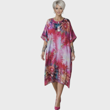 Rochii bumbac - Rochie tip poncho pe fond verde cu imprimeu floral
