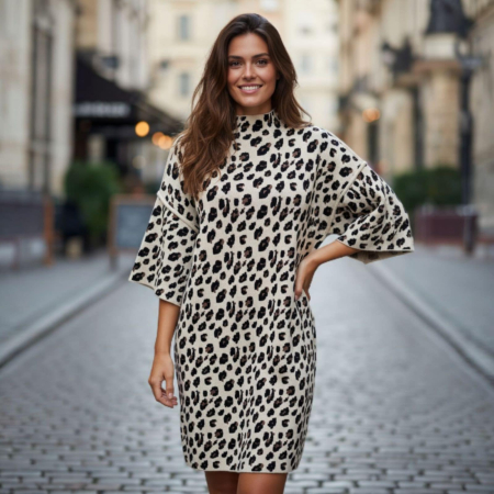 Rochii din tricot - rochie-tricot-pe-fond-crem-cu-imprimeu-animal-print