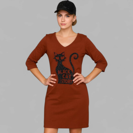 Imbracaminte desene pisici - Rochita cu decolteu in V si  desen pisica sclipici neagra