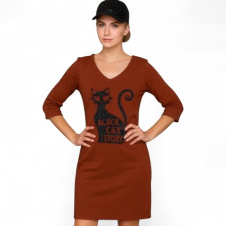 Rochii pisici toamna /iarna - Rochita cu decolteu in V si  desen pisica sclipici neagra