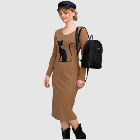 Imbracaminte desene pisici - Rochita cu desen pisica neagra sclipici