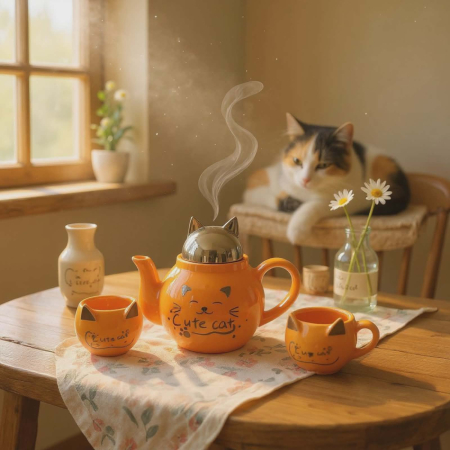 Multe  chestii pisicoase - Set cu doua canute pentru ceai/cafea din ceramica in forma de pisica