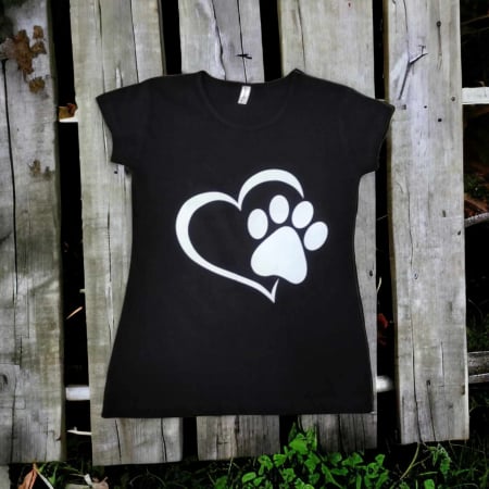 Tricouri pisici - Tricou  negru din  bumbac cu labuta de pisica alba