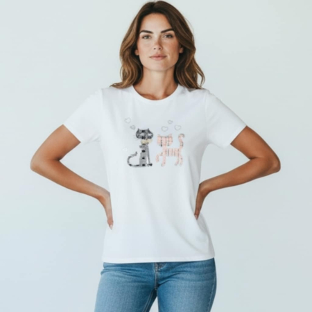 Tricouri pisici - tricou din bumbac cu doua pisici strasuri