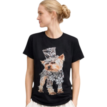 Tricouri - Tricou din bumbac cu imprimeu in forma   caine yorkshire cu paiete si strasuri