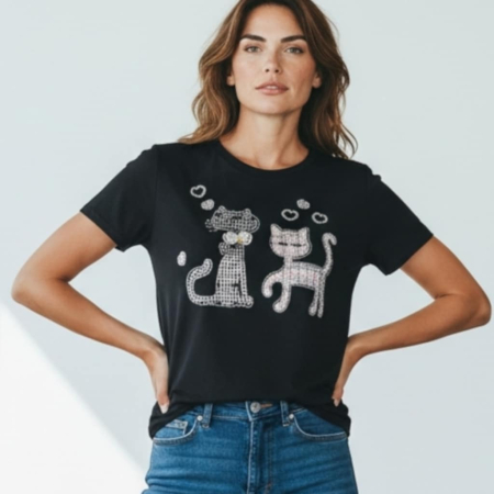 Tricouri pisici - tricou negru cu insertie doua pisici din stofa fina cu strasuri