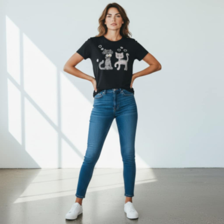 tricou negru cu insertie doua pisici din stofa fina cu strasuri [1]