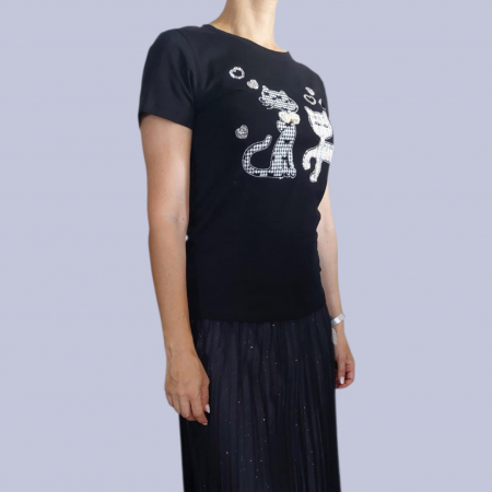 tricou negru cu insertie doua pisici din stofa fina cu strasuri [1]