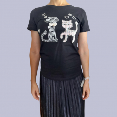 Tricouri pisici - tricou negru cu insertie doua pisici din stofa fina cu strasuri