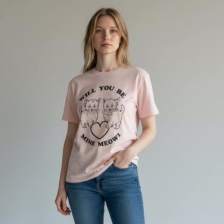 Imbracaminte desene pisici - Tricou Roz din Bumbac cu Desen Doua Pisicute Iubarete