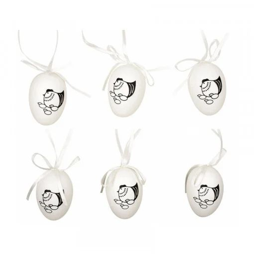 Set 6 oua 6 cm albe din plastic cu desen găină și snur [1]