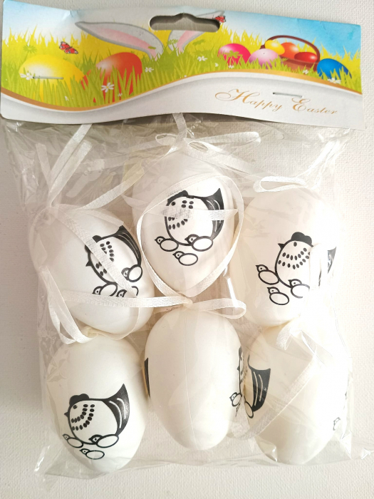 Set 6 oua 6 cm albe din plastic cu desen găină și snur [2]