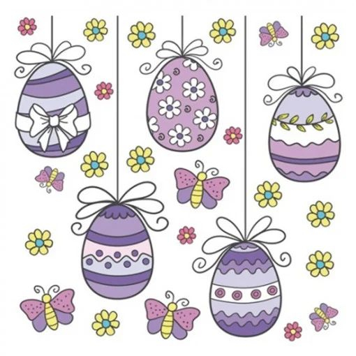 Sticker geam cu motive Pasti – oua, fluturi si flori violet, 30 x 33.5 cm [1]