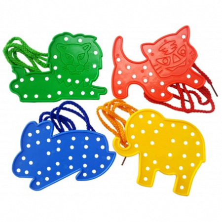 JOCURI CREATIE - Animale plastic cu perforatii și snur - set 4 bucati