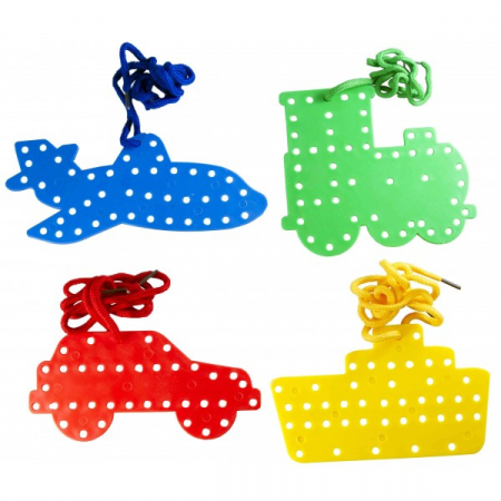 JOCURI CREATIE - Mijloace transport plastic cu perforatii și snur - set 4 bucati
