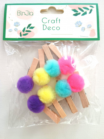SUPORTURI DECORAT - Clestisori din lemn natur cu pom-pom - 8 buc.