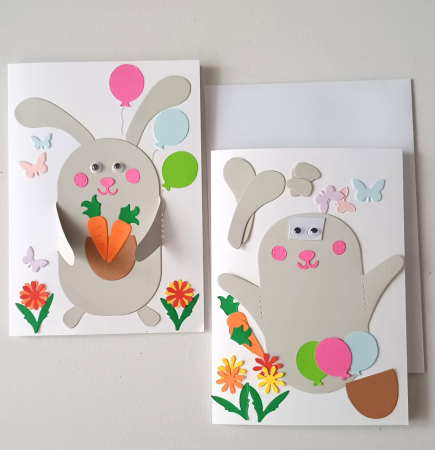 Felicitări de Paști - Iepure cu morcovi și flori - set creativ felicitare