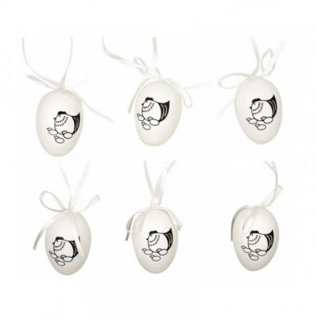 ACCESORII DIN POLISTIREN - Set 6 oua 6 cm albe din plastic cu desen găină și snur