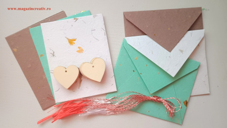 MARTISOARE CARTON, ETAMINA, LEMN - Set 15 felicitari cu plicuri 12 cm/ 10 cm din hartie reciclata