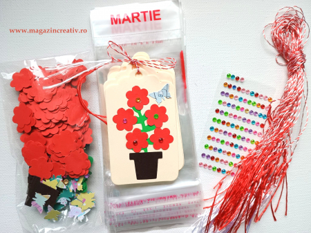 MARTISOARE CARTON, ETAMINA, LEMN - Set confectionare 30 martisoare Ghiveci cu flori rosii si diamante