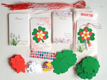 MARTISOARE CARTON, ETAMINA, LEMN - Set confectionare 30 martisoare trifoi si floare