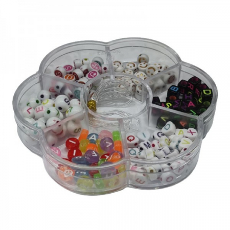 MARGELE. SNURURI. - Set creatie margele - litere, zambareti plastic, diverse culori, cutie forma floare